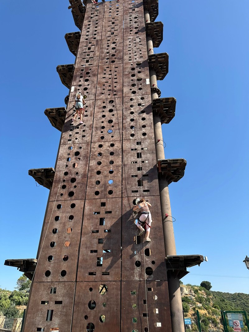Participantes hacen una actividad multiaventura de escalada.