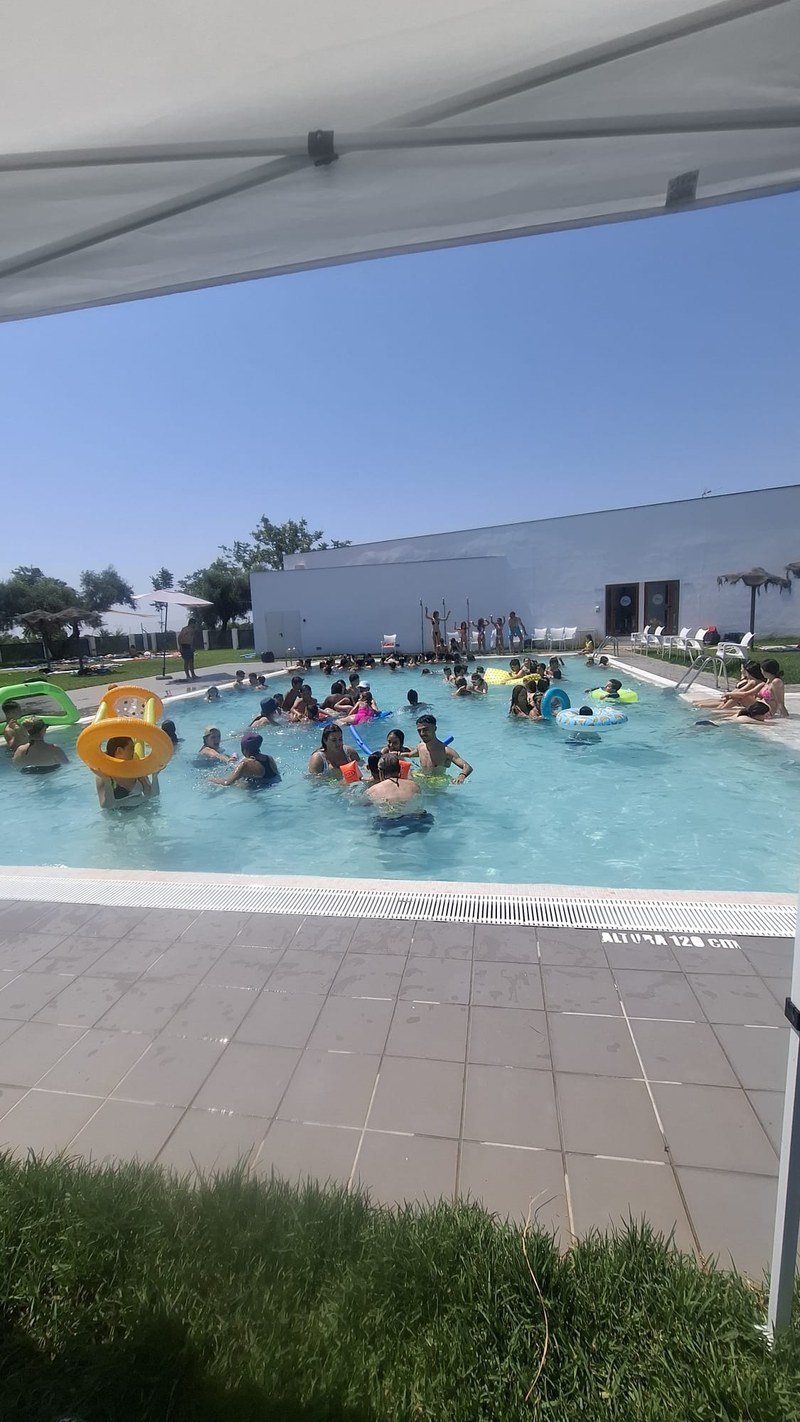 El grupo se refresca en la piscina.