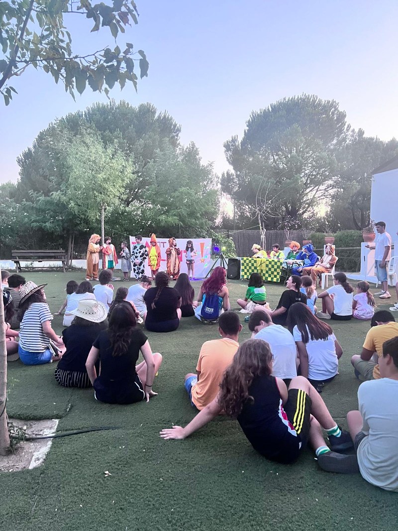 Final del concurso Got talent en el que aparecen 7 participanes actuandO y varios campistas sentados en el suelo.