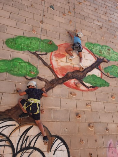 Dos chicos escalando la pared del rocódromo Dos chicos escalando la pared del rocódromo