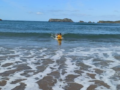 Dos participantes surfean una ola
