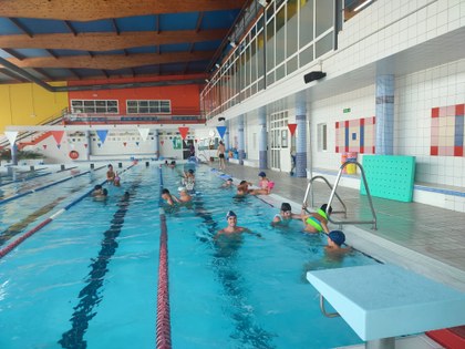 Un grupo de participantes en la piscina