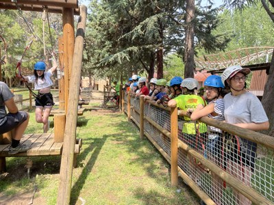 El grupo de participantes esperando para tirarse por las tirolinas El grupo de participantes esperando para tirarse por las tirolinas
