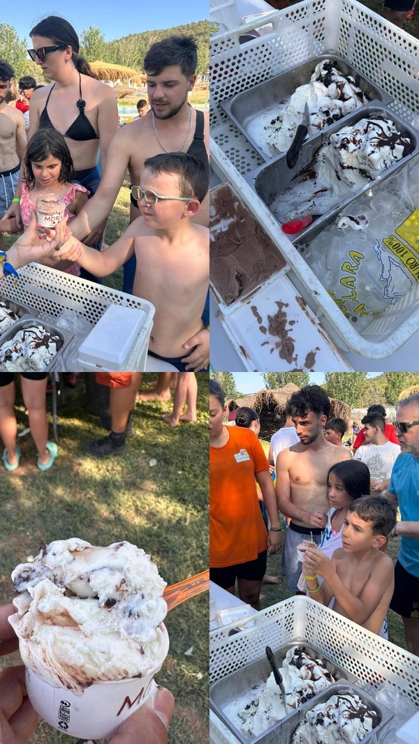 Montaje de cuatro fotografías del momento del helado en la piscina